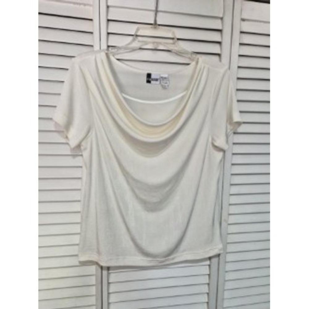 Together! Womens Cream Cowl Neck Short Sleeve Shimmer Blouse Top Size M